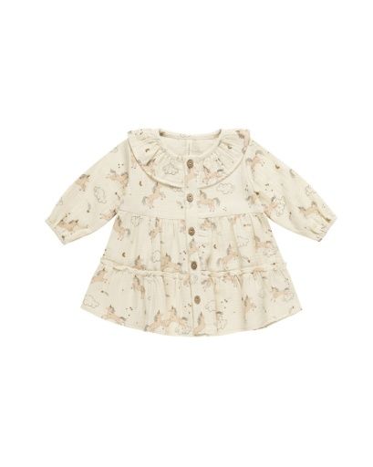 RUFFLE COLLAR BUTTON DRESS || UNICORNS, Color: NATURAL, Size: 6-12M