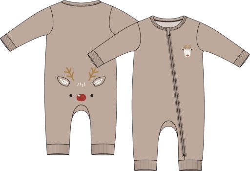 LITTLEST REINDEER ON TAUPE FLEECE PLAYSUIT, Color: SAND, Size: NB