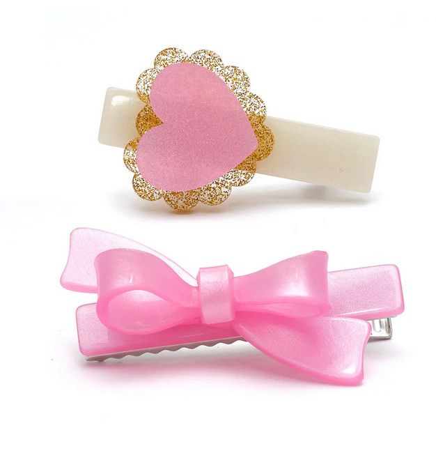 sweetheart heart &amp; bow hairclips- pink satin