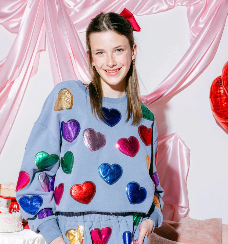 blue rainbow foil heart sweatshirt