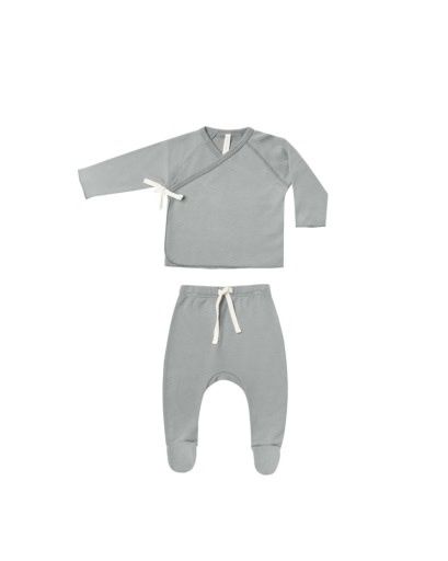 WRAP TOP + FOOTED PANT SET || DUSTY BLUE