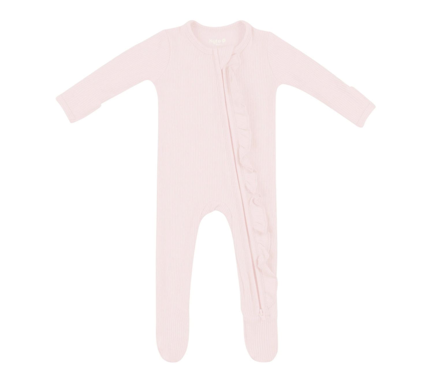 ribbed ruffle zippered footie- blush