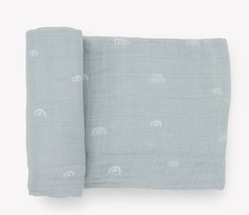 cotton muslin swaddle blue rainbow