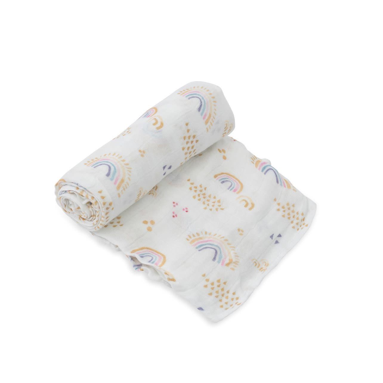 deluxe muslin swaddle- rainbows &amp; raindrops
