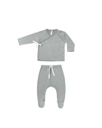 WRAP TOP + FOOTED PANT SET || DUSTY BLUE