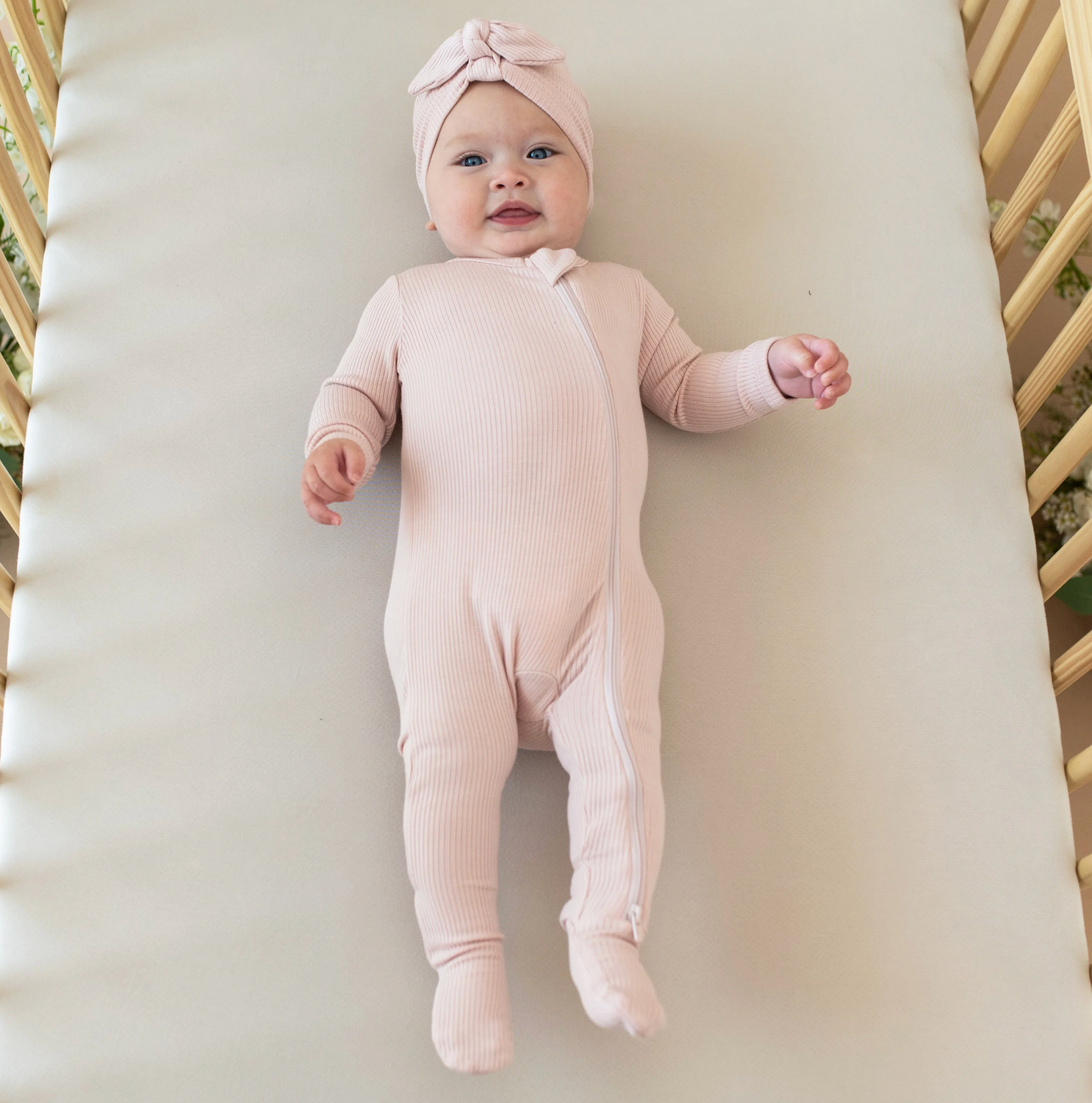 ribbed zipped footie- blush