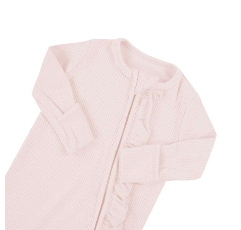 ribbed ruffle zippered footie- blush