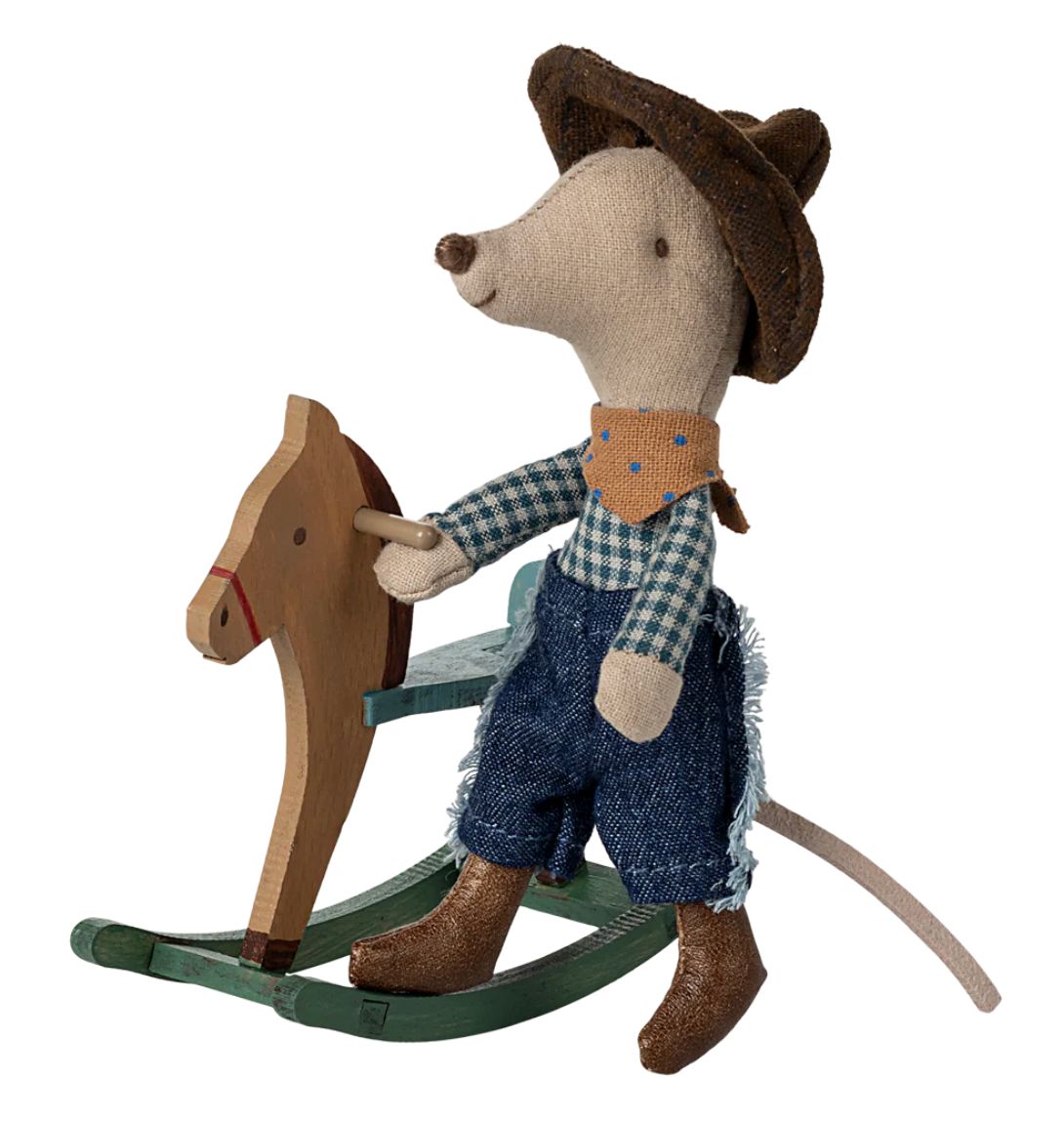 cowboy mouse on rocking horse, little brother
