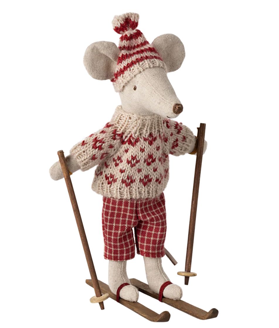 winter mouse with ski set, mum- red