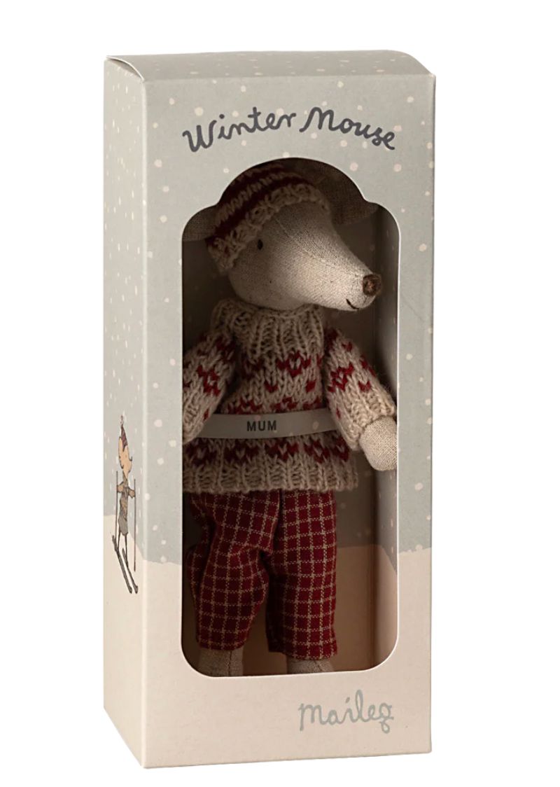 winter mouse with ski set, mum- red