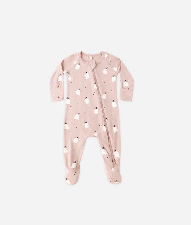BAMBOO ZIP FOOTIE || PINK GHOSTS
