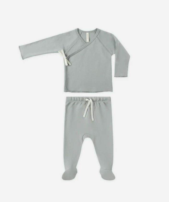 WRAP TOP + FOOTED PANT SET || STEEL BLUE