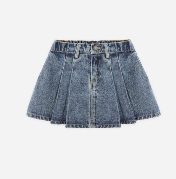 PLEATED DENIM SKIRT || INDIGO DENIM