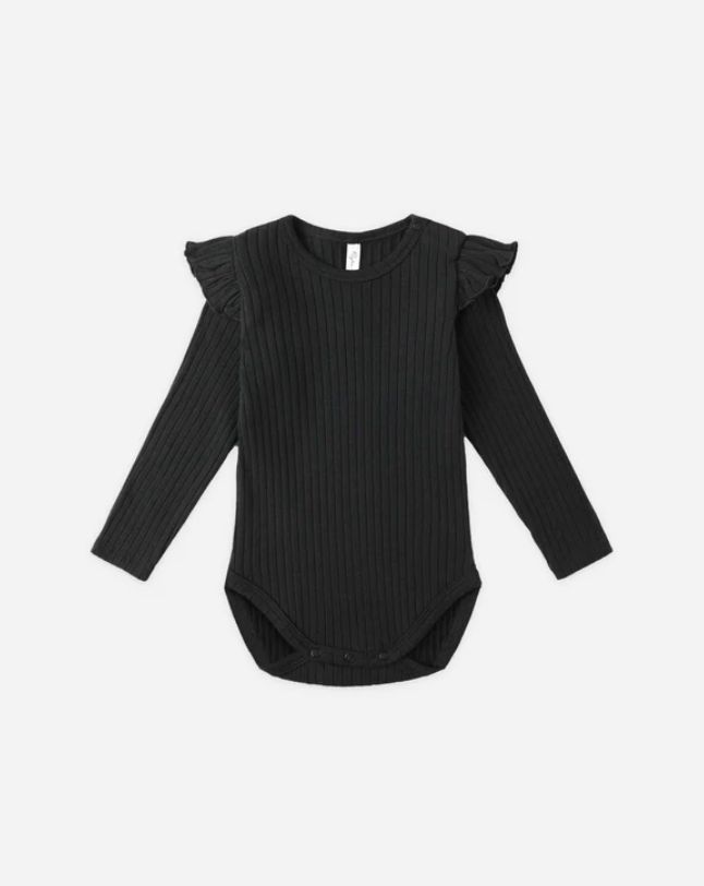 SHOULDER RUFFLE BODYSUIT || BLACK