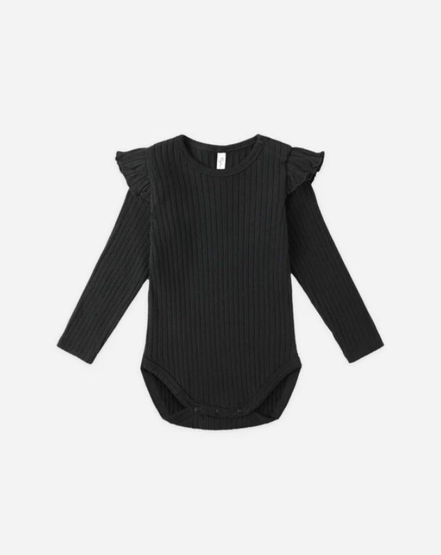 SHOULDER RUFFLE BODYSUIT || BLACK