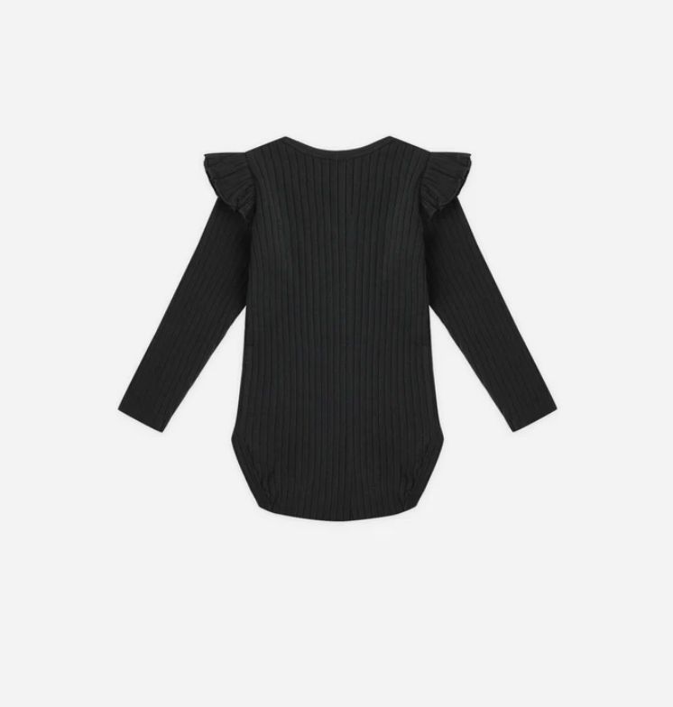 SHOULDER RUFFLE BODYSUIT || BLACK