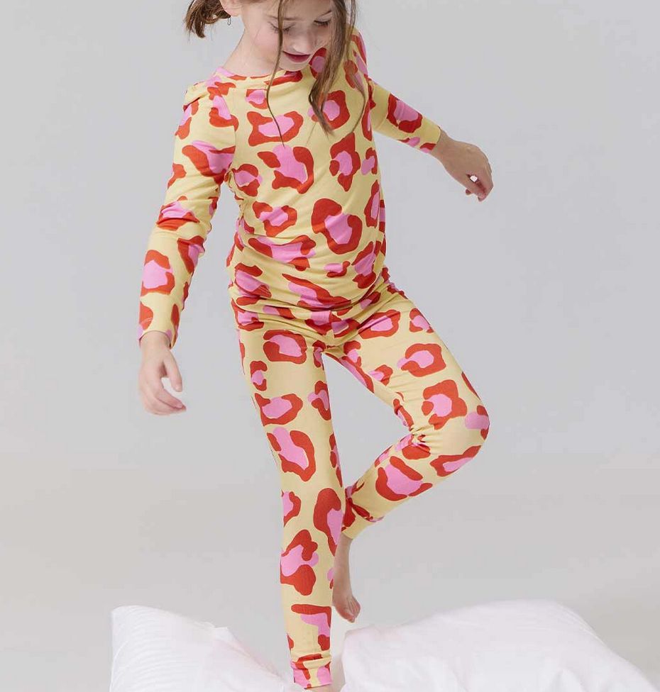 kids bamboo pj set - yellow oversized leopard