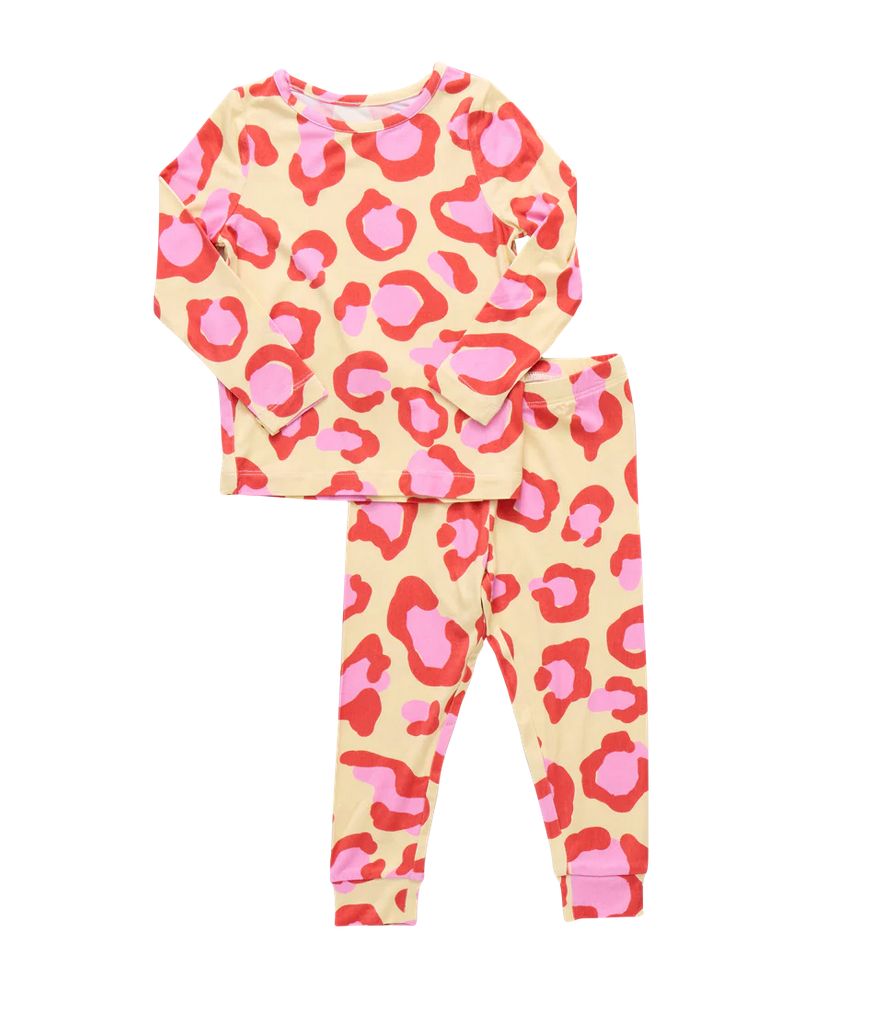 kids bamboo pj set - yellow oversized leopard