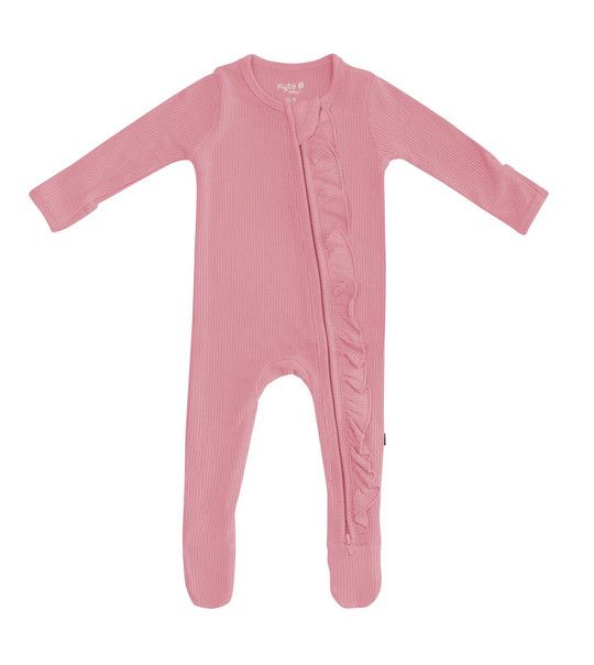 ribbed ruffle zip footie- apple blossom