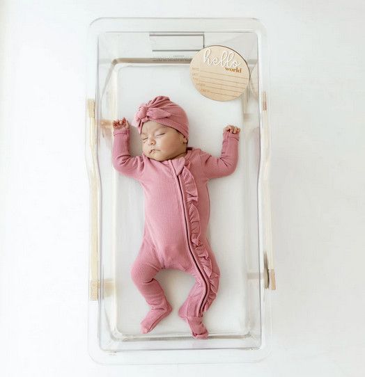 ribbed ruffle zip footie- apple blossom