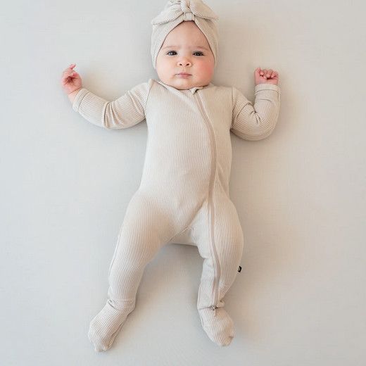 ribbed zipper footie- bisque