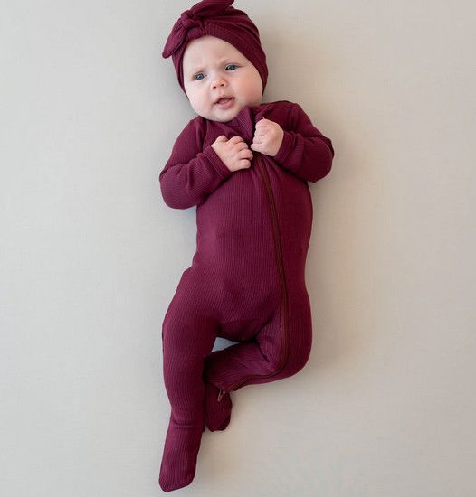 ribbed zipper footie- burgundy