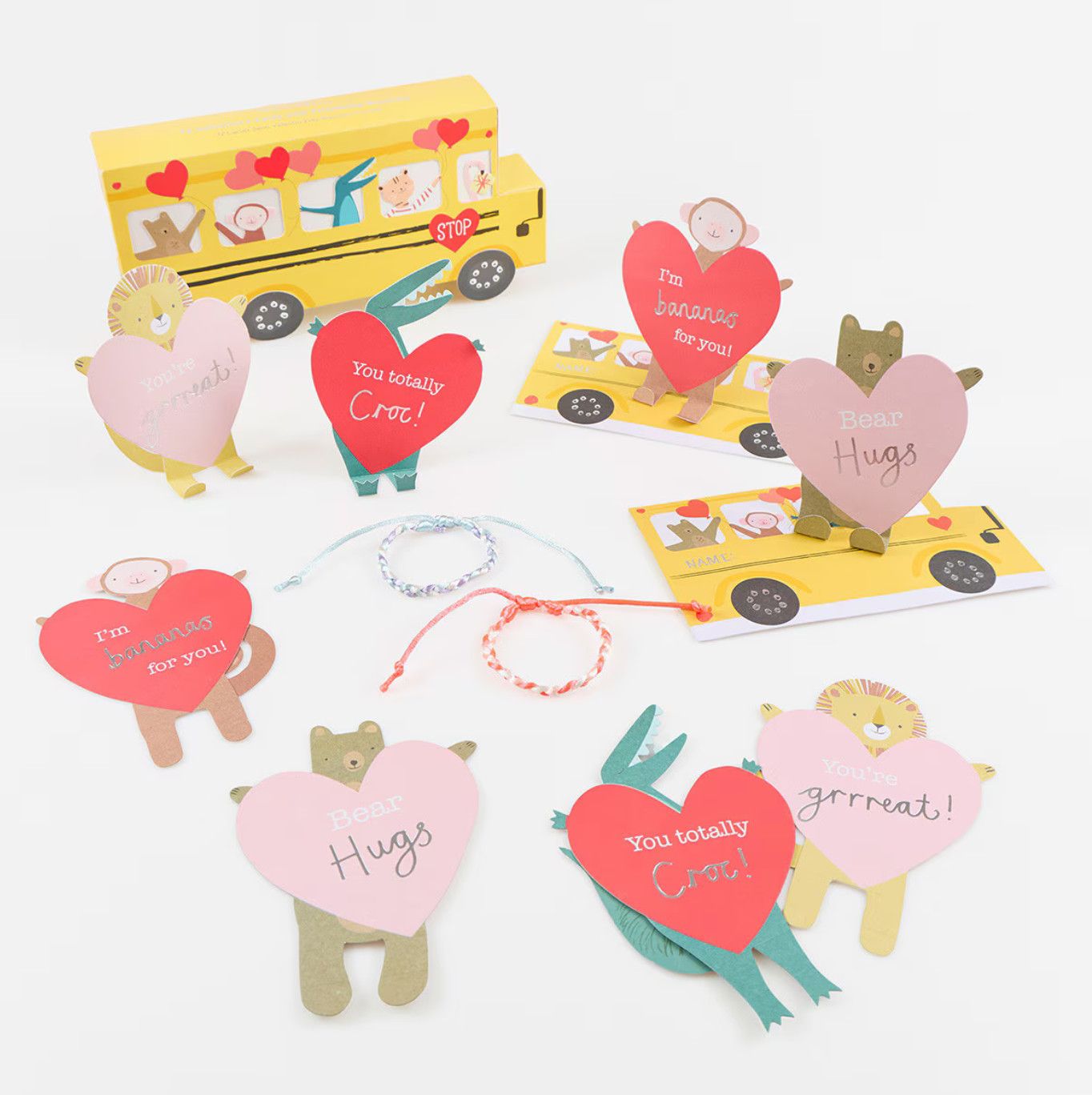 school bus valentine's cards &amp; bracelets set