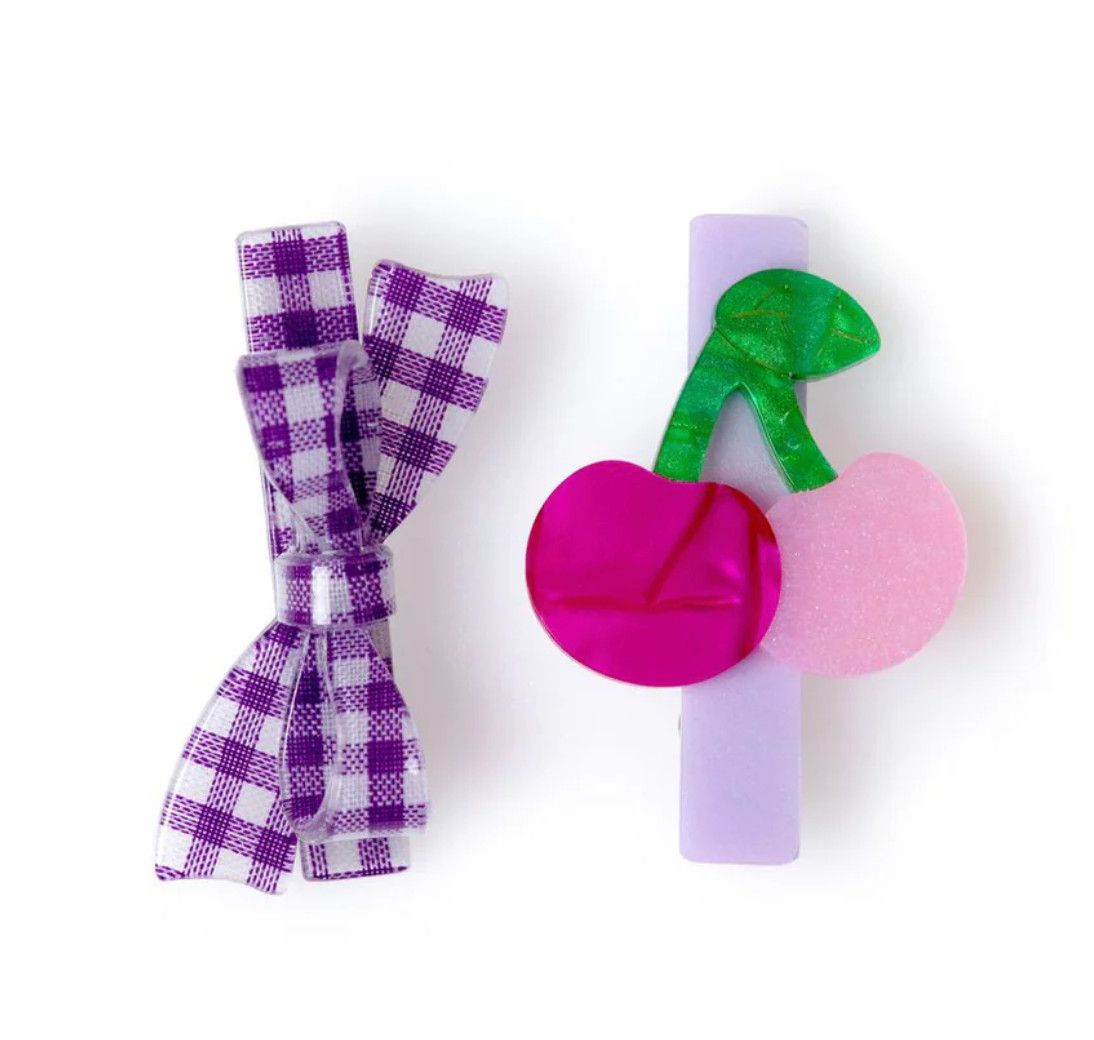 cherry &amp; purple checkered bow hair clips