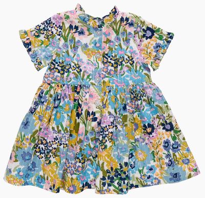girls autumn dress - blue large sketched floral