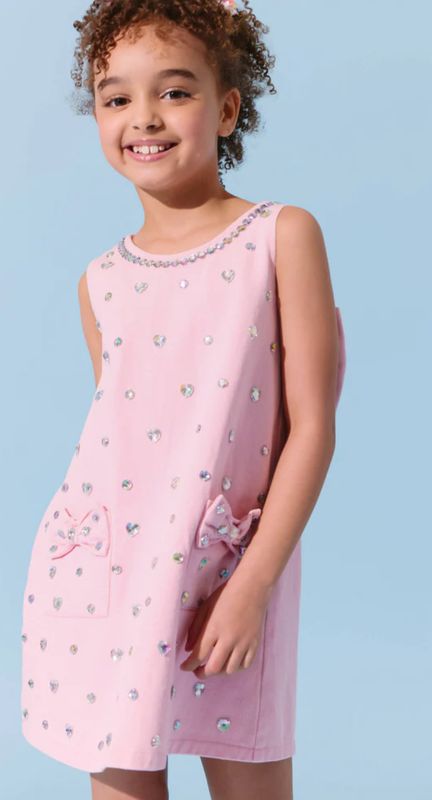 crystal heart denim bow dress