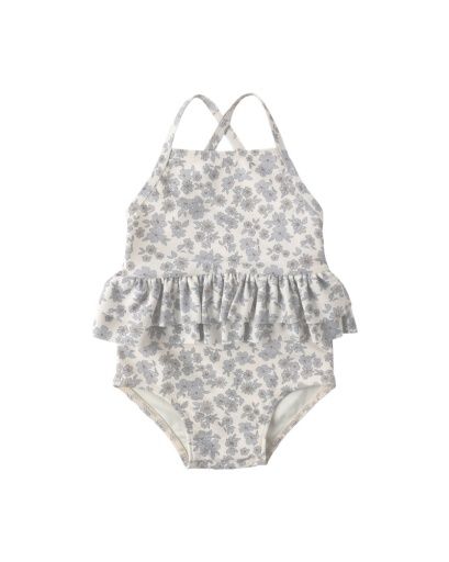 RUFFLED ONE-PIECE SWIMSUIT BLUE FLORAL, Color: IVORY, Size: 0-3M