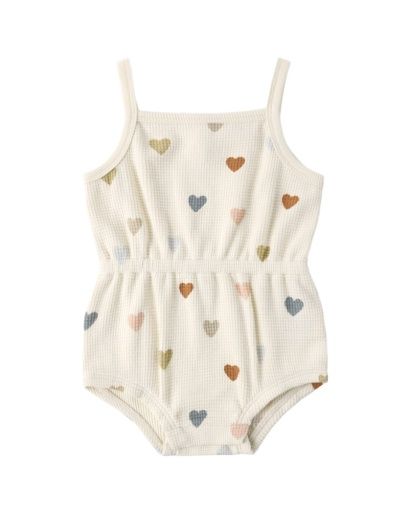 WAFFLE CINCH ROMPER CONFETTI HEARTS, Color: NATURAL, Size: 0-3M