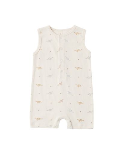 RIBBED HENLEY ROMPER DINOS, Color: NATURAL, Size: 0-3M