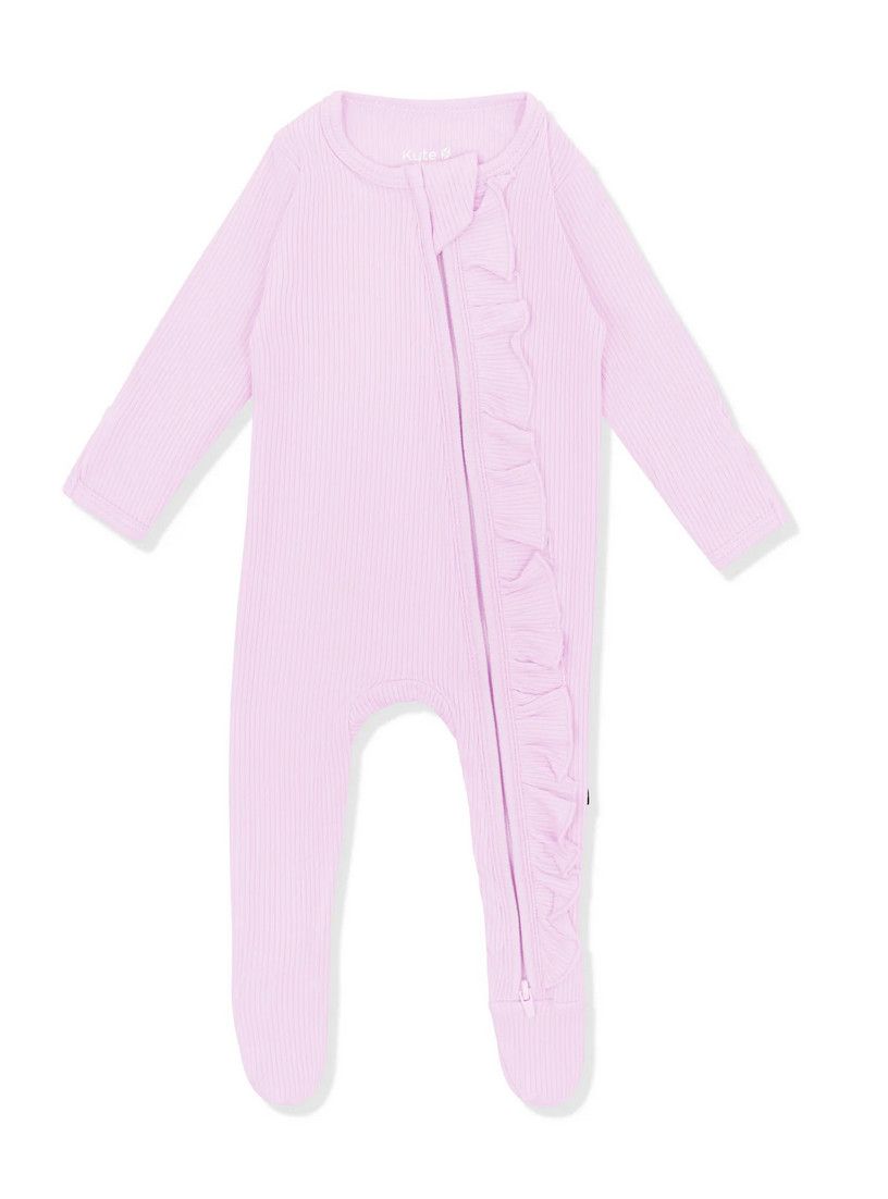 ribbed ruffle zippered footie- thistle