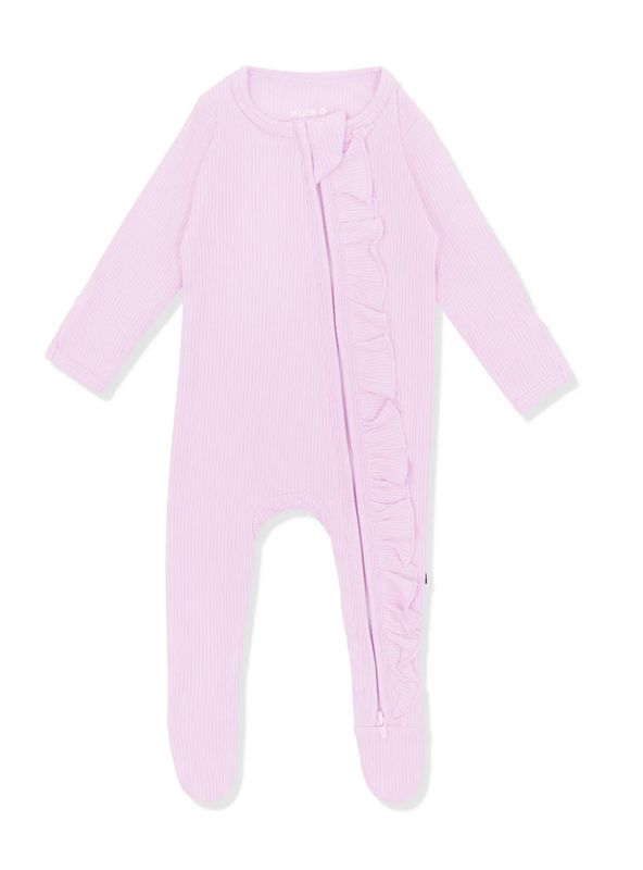 ribbed ruffle zippered footie- thistle