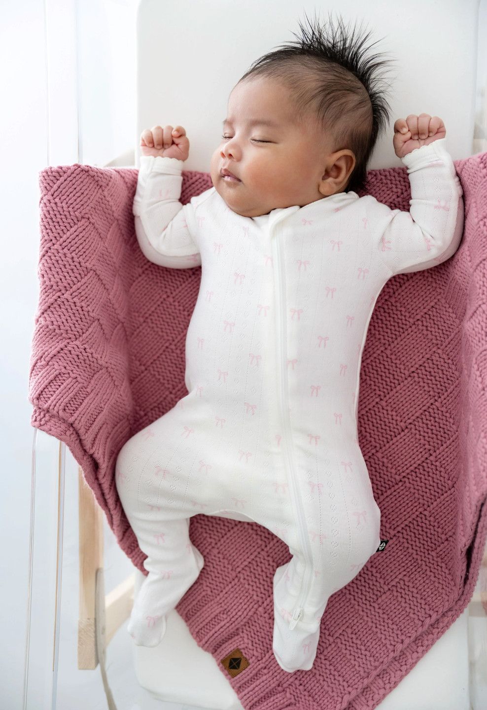 pointelle zippered footie- sweet pink bow