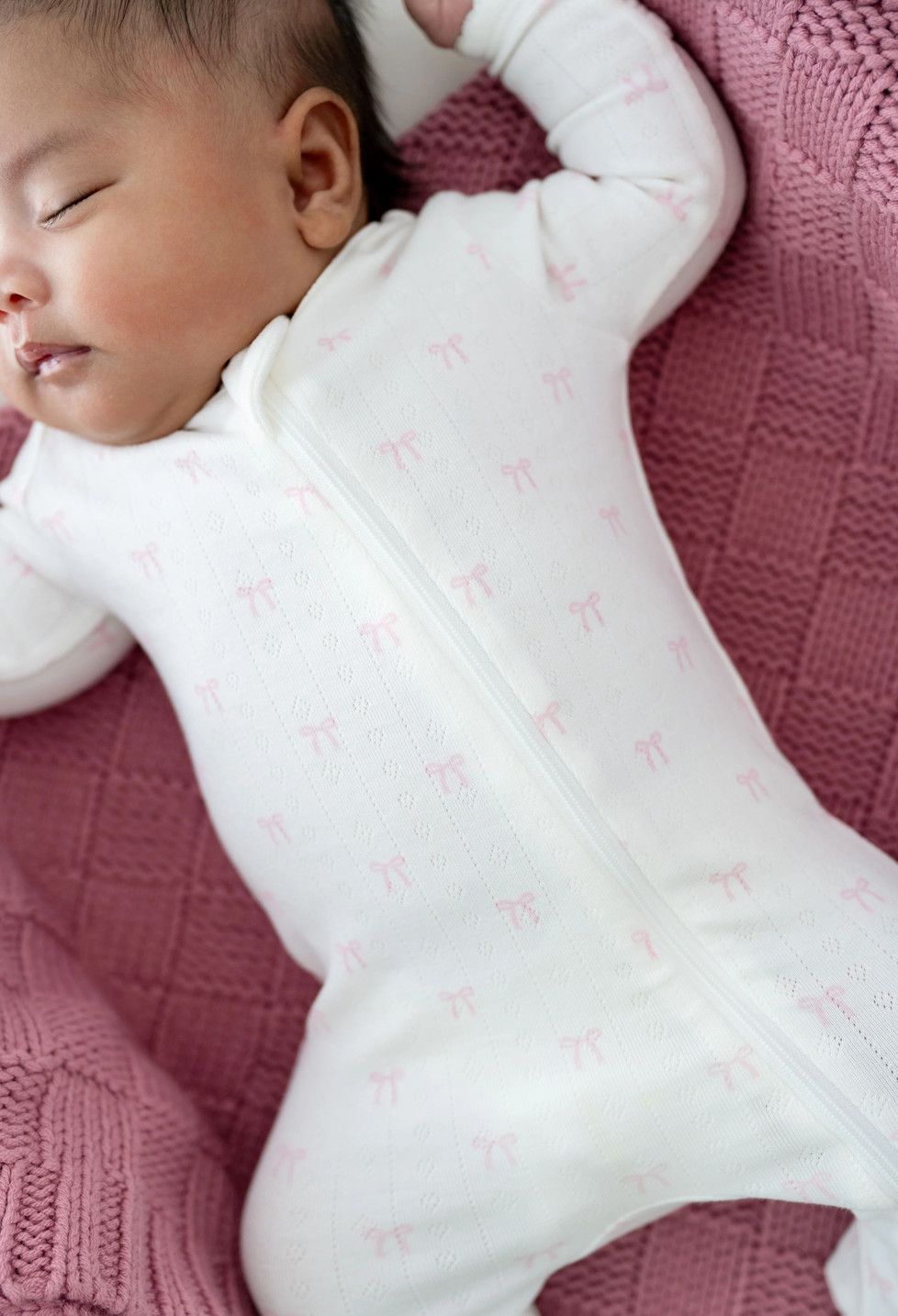 pointelle zippered footie- sweet pink bow