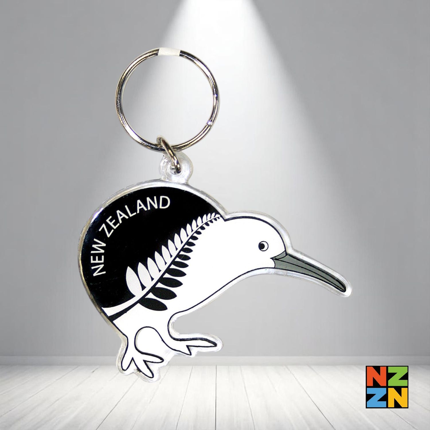 Acrylic Kiwi Shape Keychain Black and White Fern