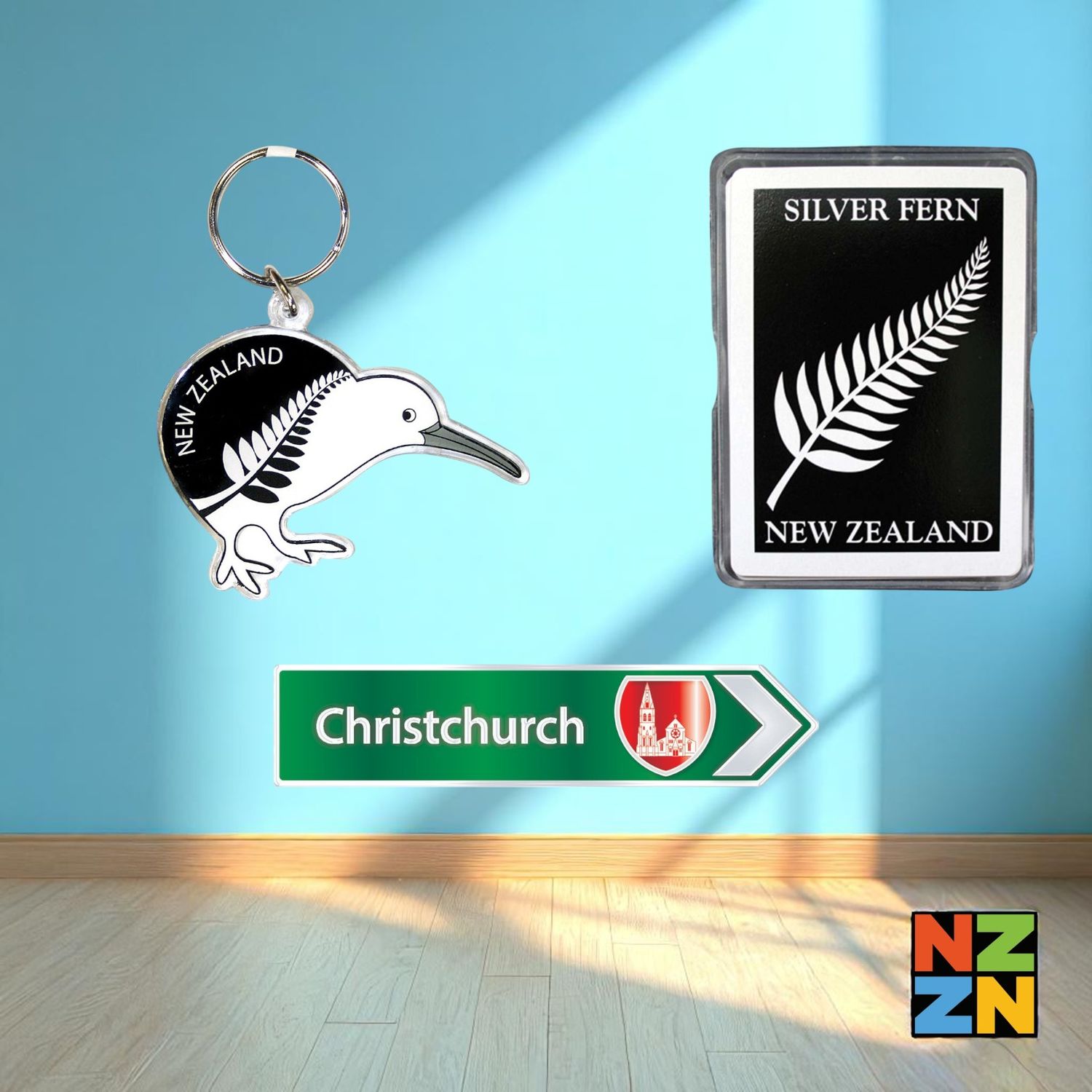 Airbnb Welcome Pack - Christchurch A - Keychain - Playing Cards Silver Fern - Green Roadsign Magnet