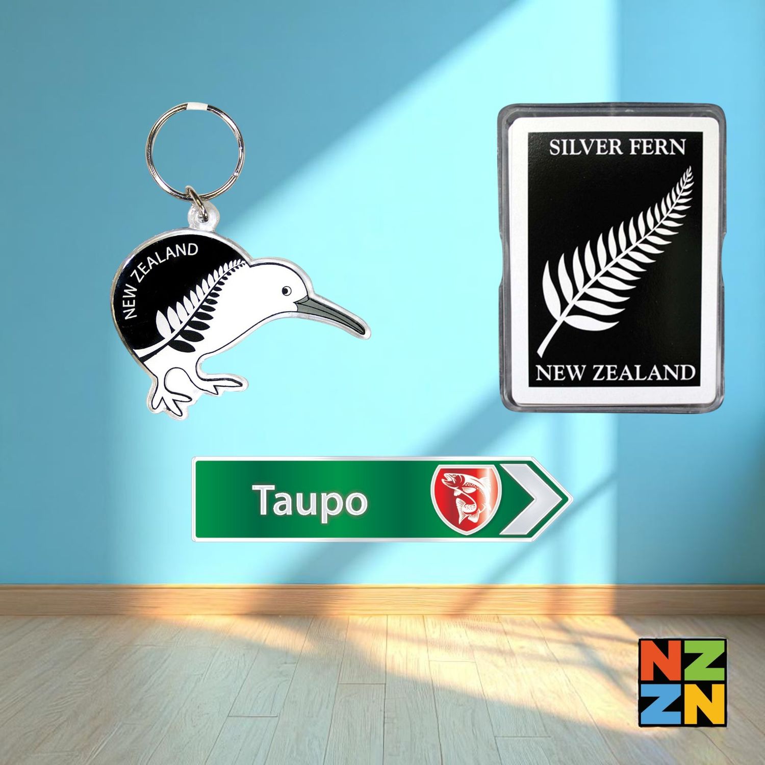Airbnb - Taupo A - Keychain - Playing Cards Silver Fern - Green Roadsign Magnet
