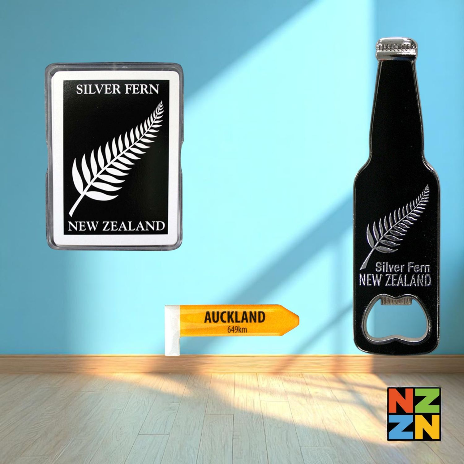 Airbnb - Auckland B - Playing Cards Silver Fern - Magnet Bottle Opener - Yellow Roadsign Magnet