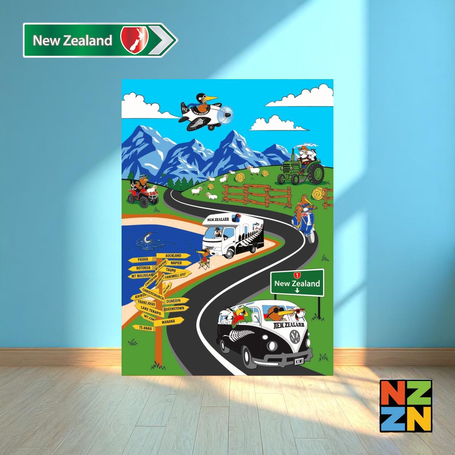 Airbnb - New Zealand B - Road Trip Tea Towel - Green Roadsign Magnet