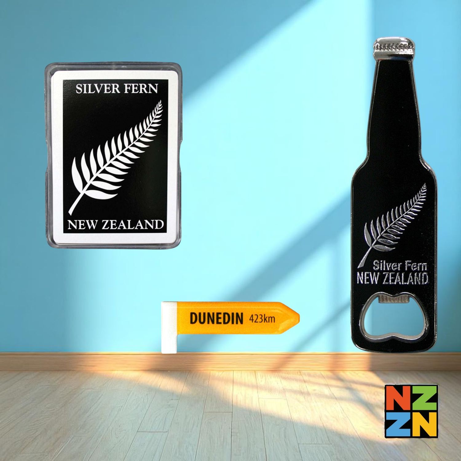 Airbnb - Dunedin B - Playing Cards Silver Fern - Magnet Bottle Opener - Yellow Roadsign Magnet