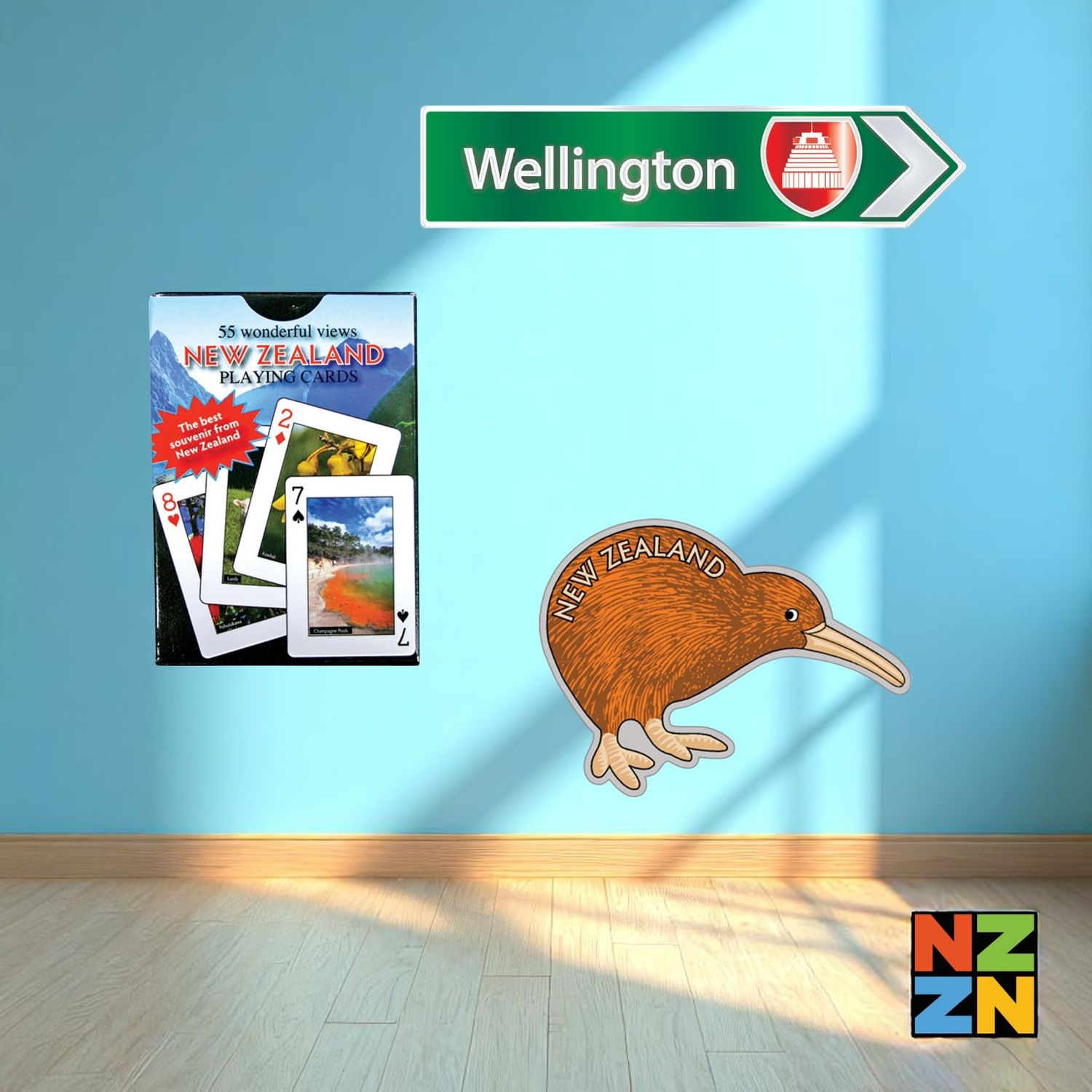 Airbnb Welcome Pack - Wellington C - Playing Cards 55 Photographic Scenes - Magnet Kiwi Shape - Green Roadsign Magnet
