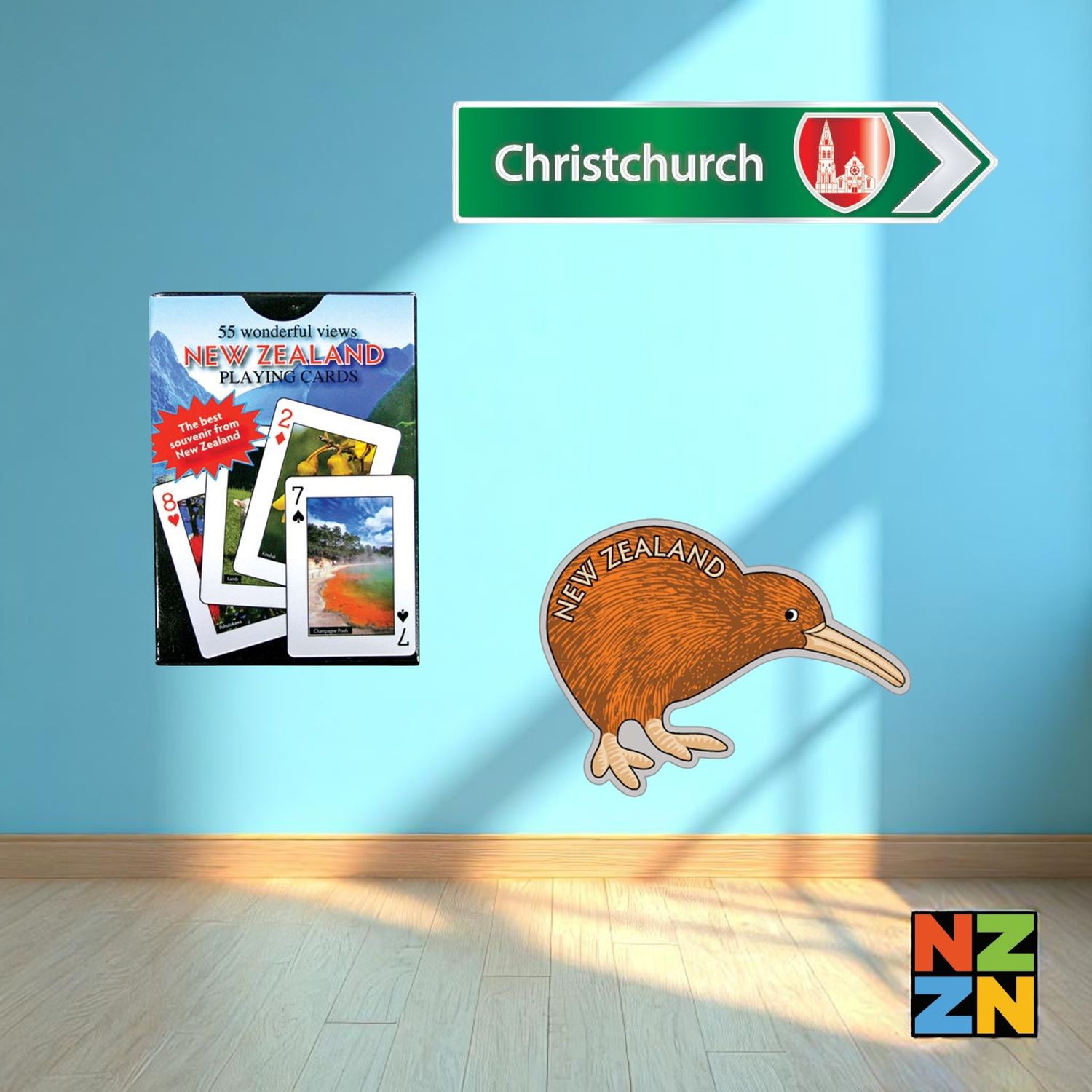 Airbnb Welcome Pack - Christchurch C - Playing Cards 55 Photographic Scenes - Magnet Kiwi Shape - Green Roadsign Magnet