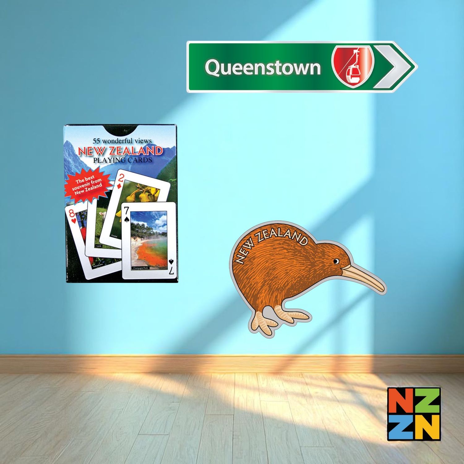 Airbnb Welcome Pack - Queenstown C - Playing Cards 55 Photographic Scenes - Magnet Kiwi Shape - Green Roadsign Magnet
