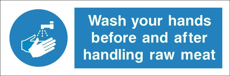 300 x 100mm Wash your hands before and after handling raw meat sign