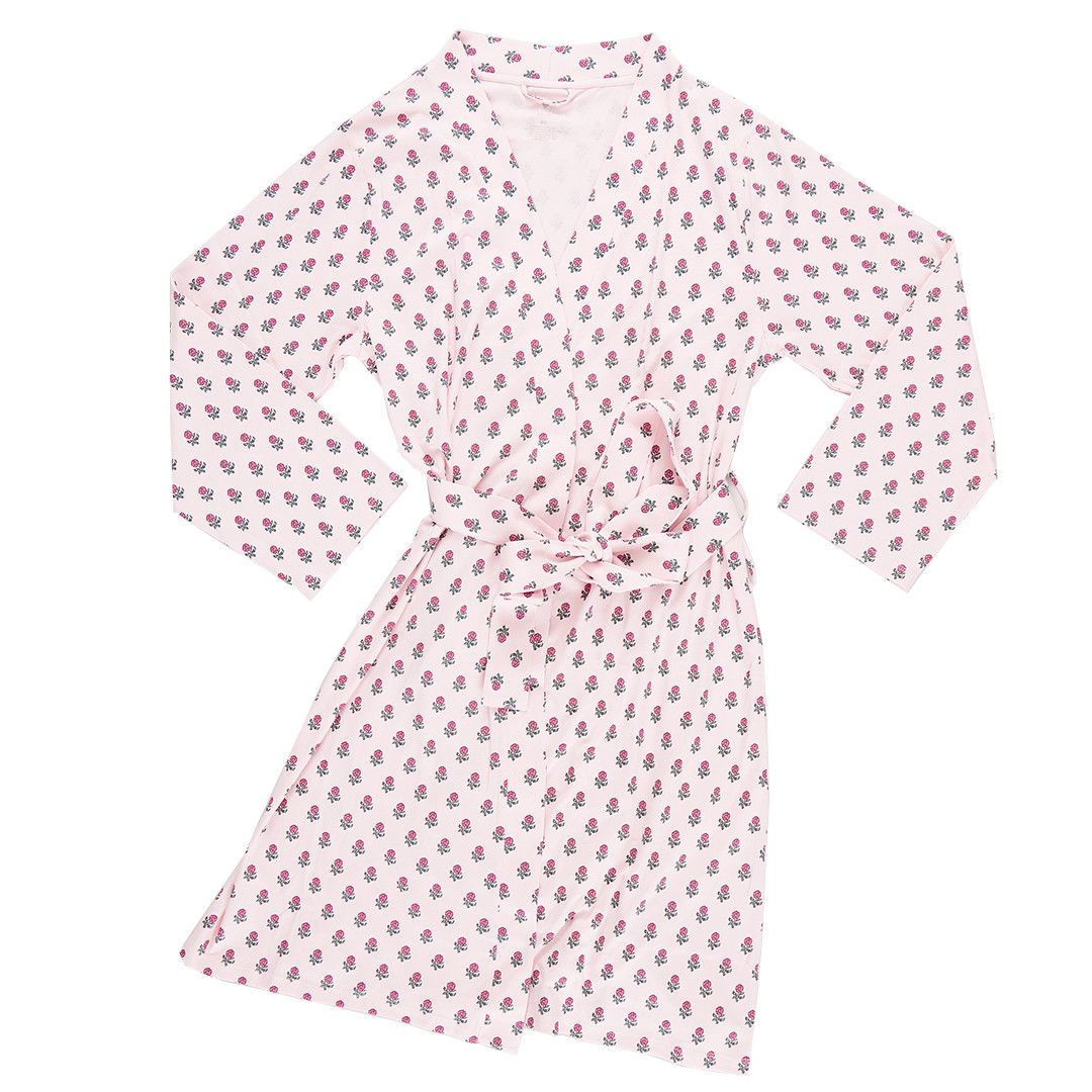 womens organic robe - pink tiny flower block print, Color: pink tiny flower block print, Size: XS/S
