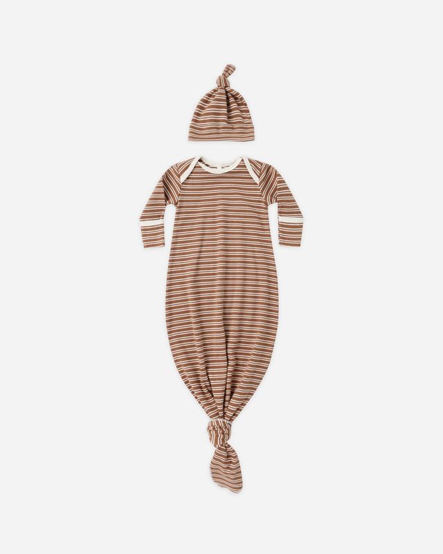 Knotted Baby Gown + Hat Cedar Stripe O/S