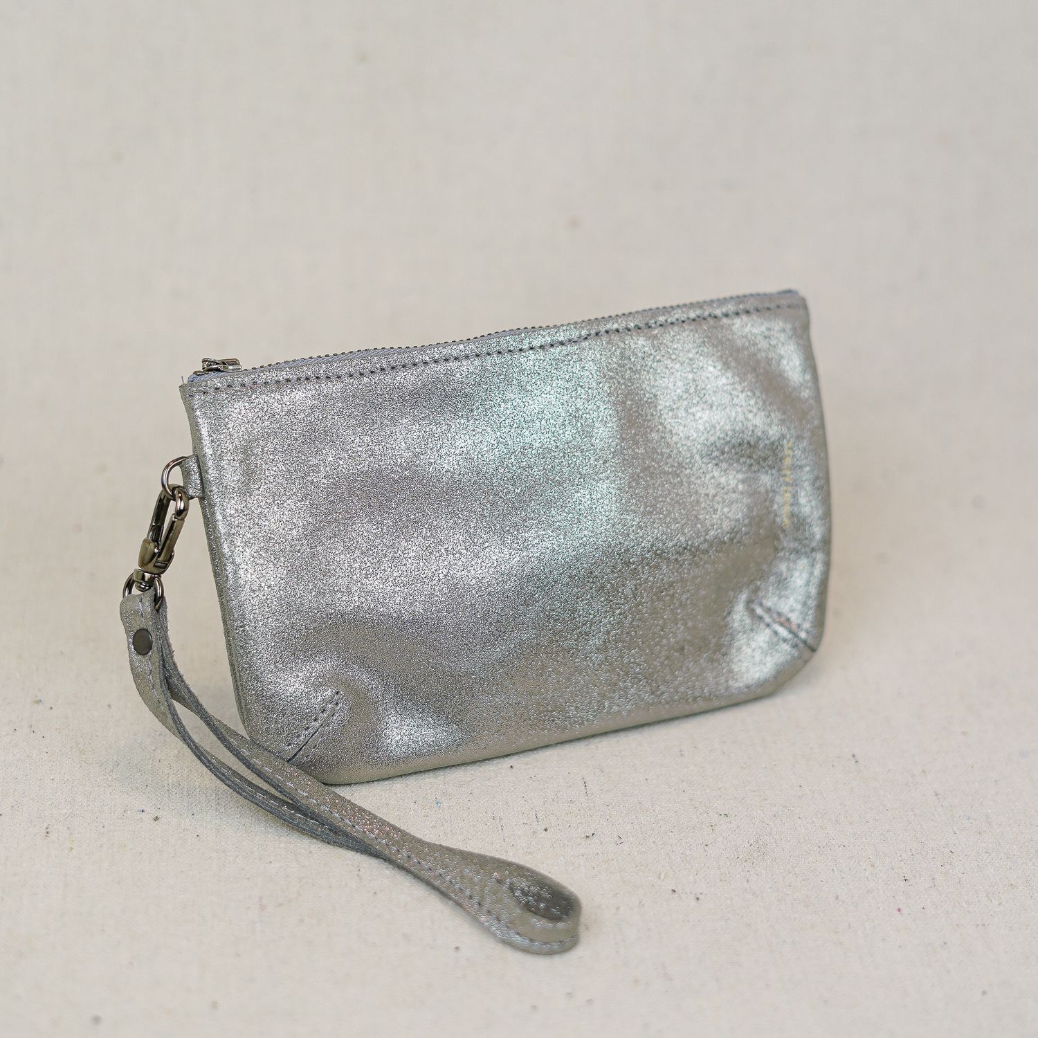 small leather wristlet | silver sparkle